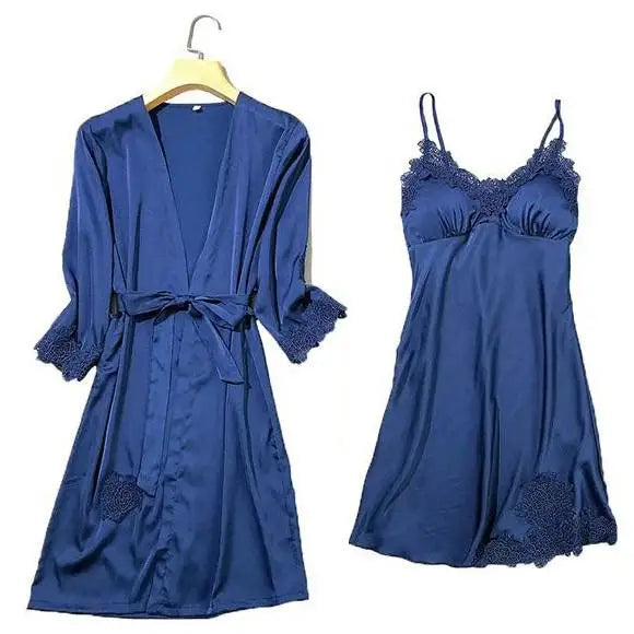 Satin Kimono Robe For Women Sleepwear Lace Trim V Neck