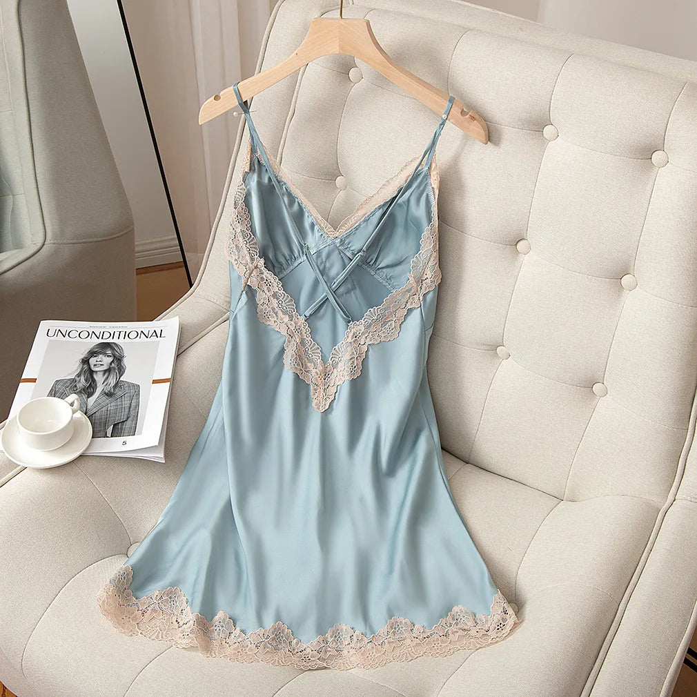 Satin Spaghetti Strap Nightgown Women V Neck Sleep Dress