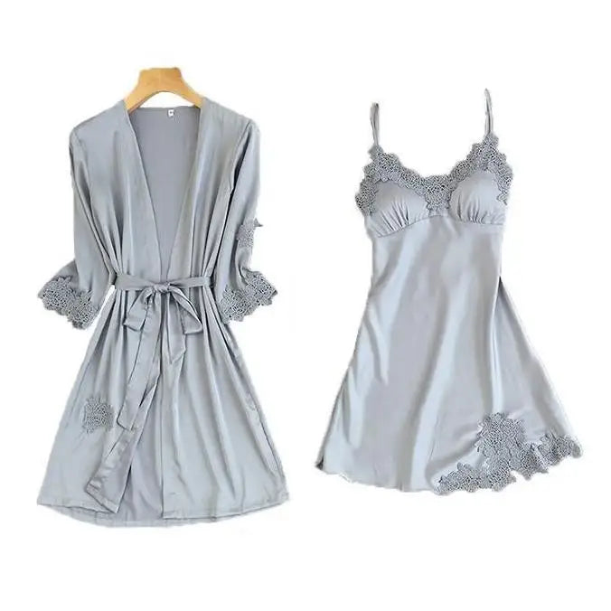 Satin Kimono Robe For Women Sleepwear Lace Trim V Neck