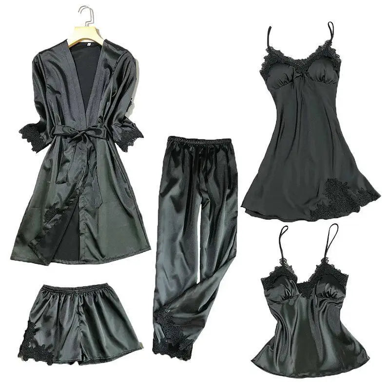 Satin Kimono Robe For Women Sleepwear Lace Trim V Neck