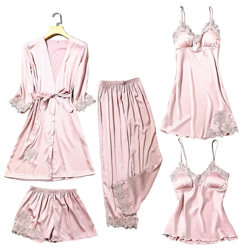 Satin Kimono Robe For Women Sleepwear Lace Trim V Neck