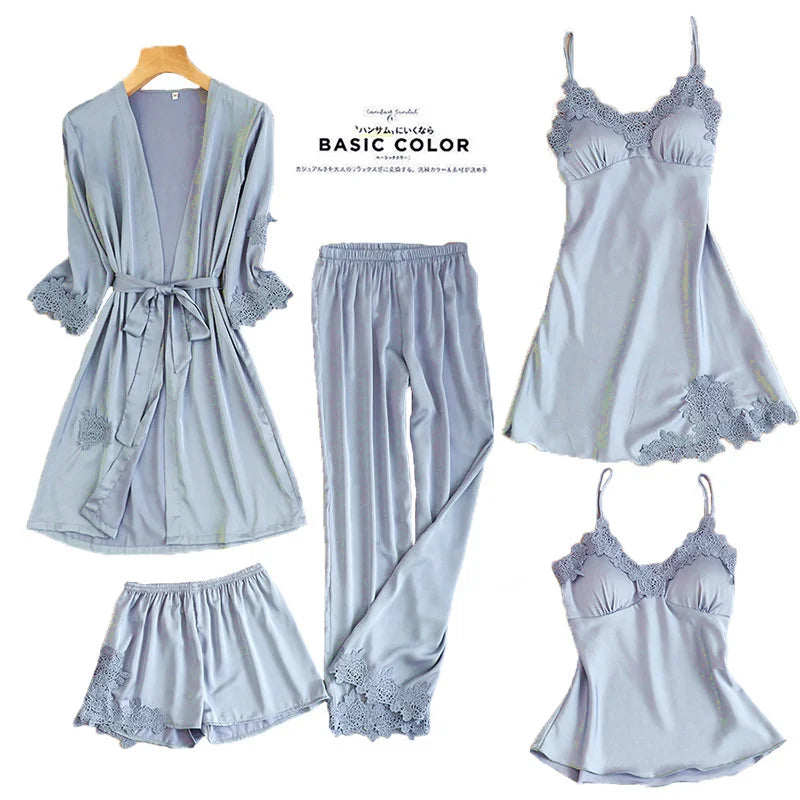 Satin Kimono Robe For Women Sleepwear Lace Trim V Neck