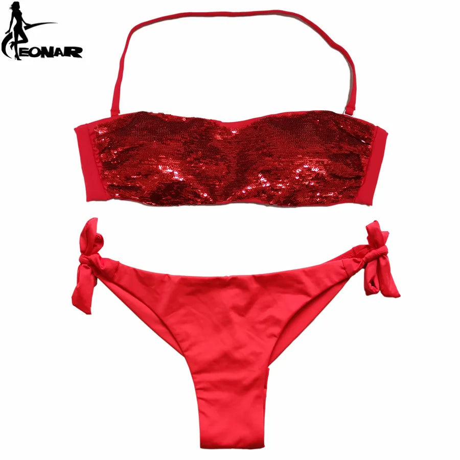 EONAR Sewn Sequin Bikini Set Low Waist Brazilian Cut