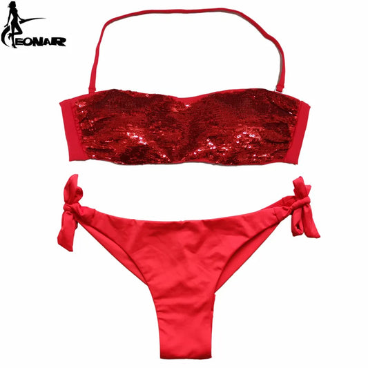 EONAR Sewn Sequin Bikini Set Low Waist Brazilian Cut