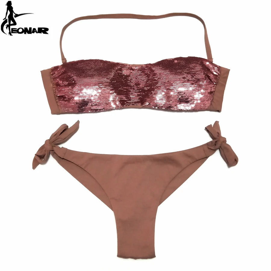 EONAR Sewn Sequin Bikini Set Low Waist Brazilian Cut