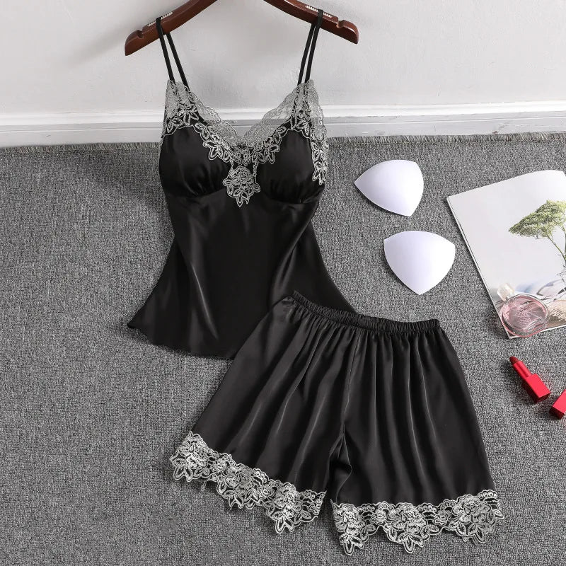 Satin 2 Piece Pajamas Set Strap Top Shorts Sleepwear Lace