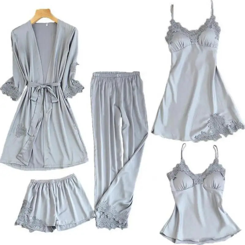 Satin Kimono Robe For Women Sleepwear Lace Trim V Neck