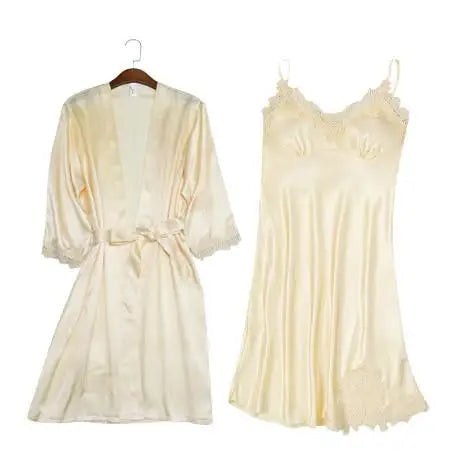 Satin Kimono Robe For Women Sleepwear Lace Trim V Neck