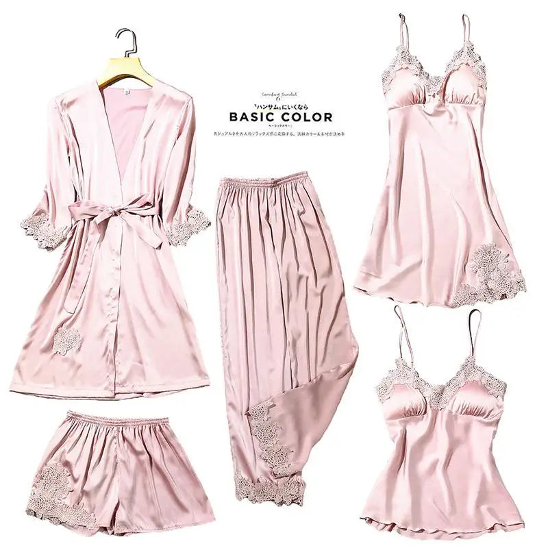 Satin Kimono Robe For Women Sleepwear Lace Trim V Neck