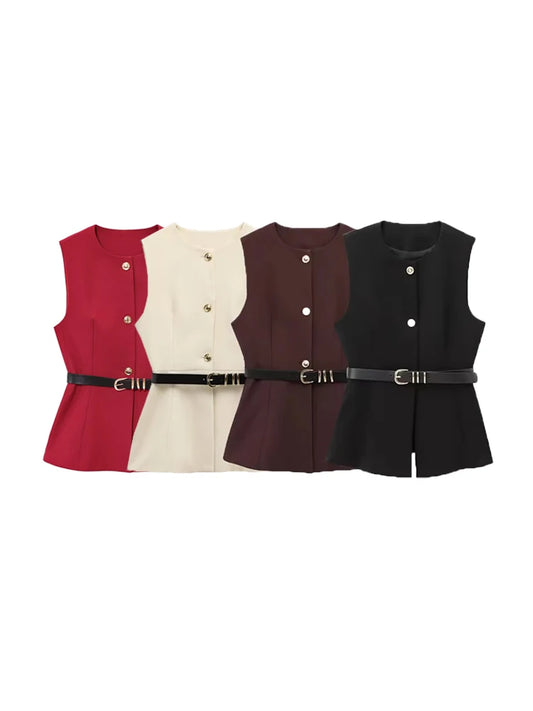 Women Long Waistcoat With Belt O Neck Vest Gold Button