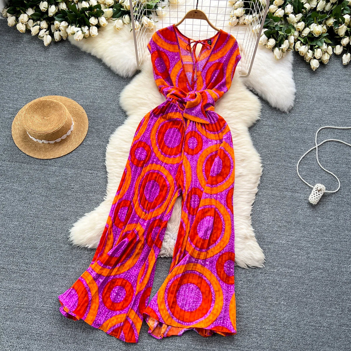 Summer Abstract Print Jumpsuit Wide Leg V Neck Women