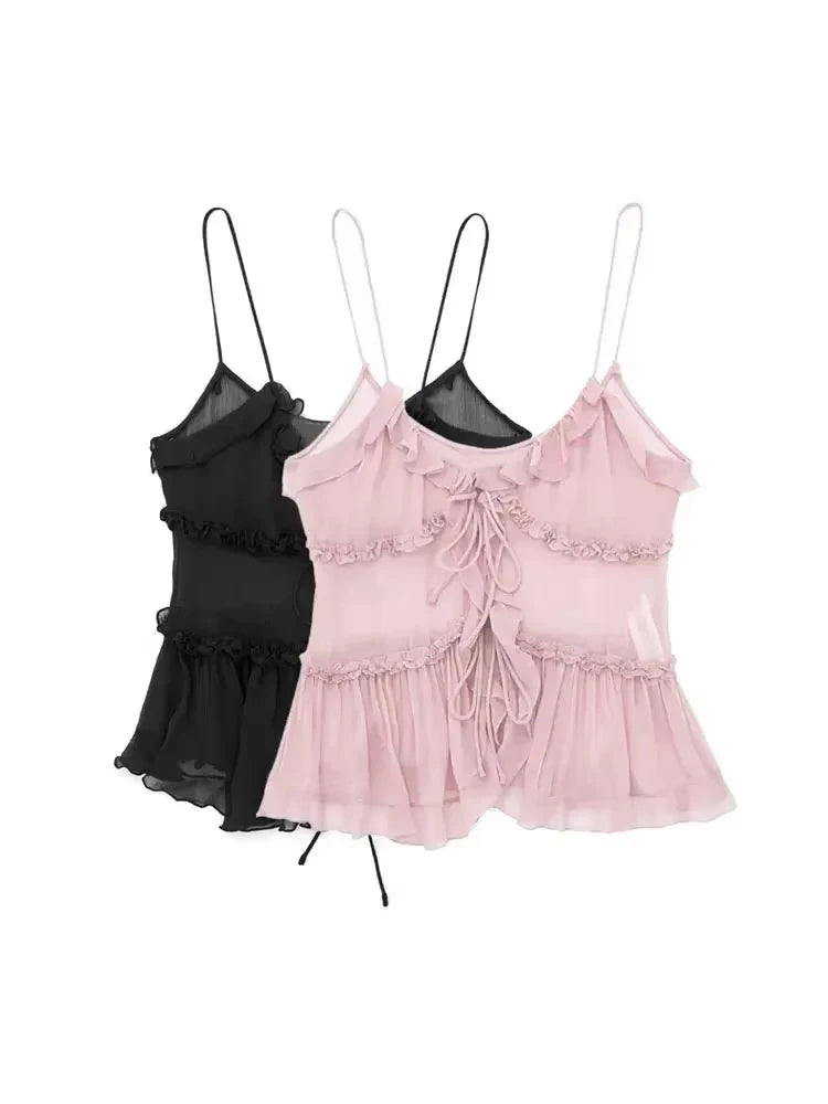 Trza Women Semi Sheer Tank Top With Ruffled Front Backless