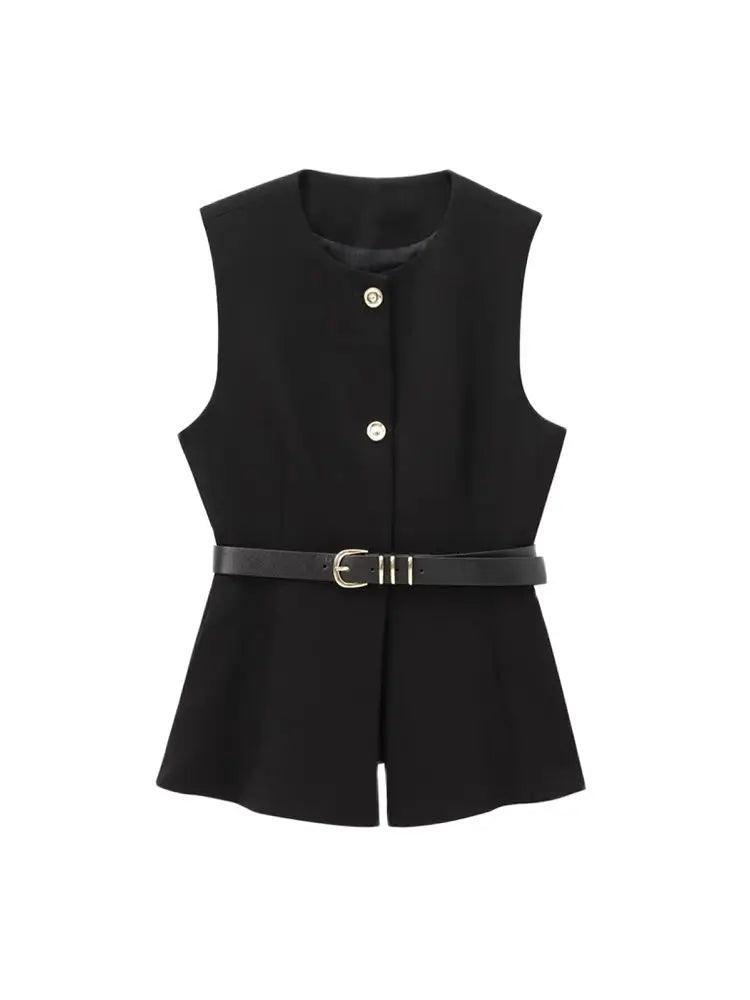 Women Long Waistcoat With Belt O Neck Vest Gold Button
