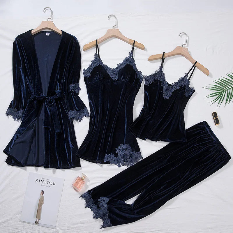Velour Home Pajama Set For Women 4pcs Lace Velvet Sleepwear