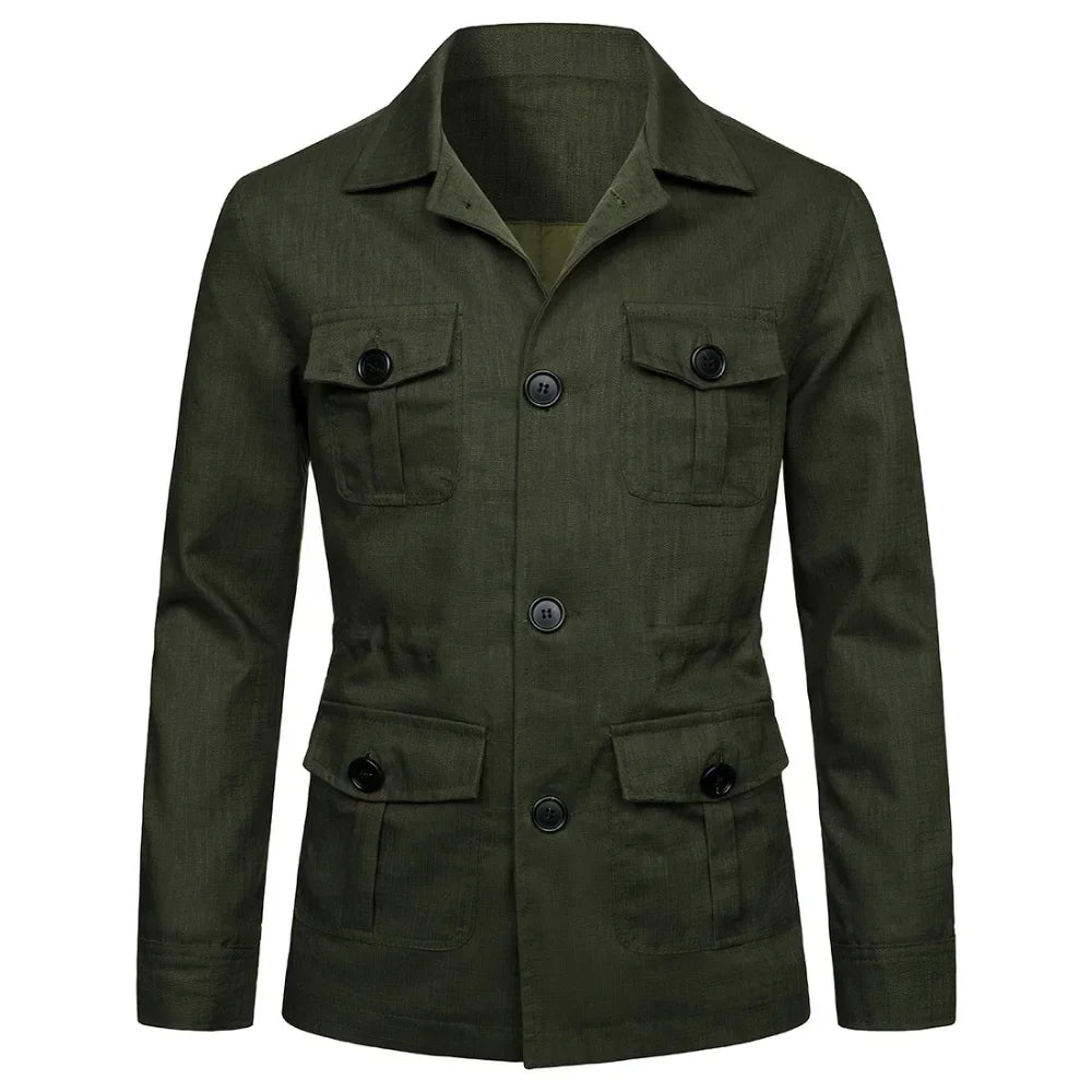 Mens Safari Jacket Linen Outerwear Solid Color Retro