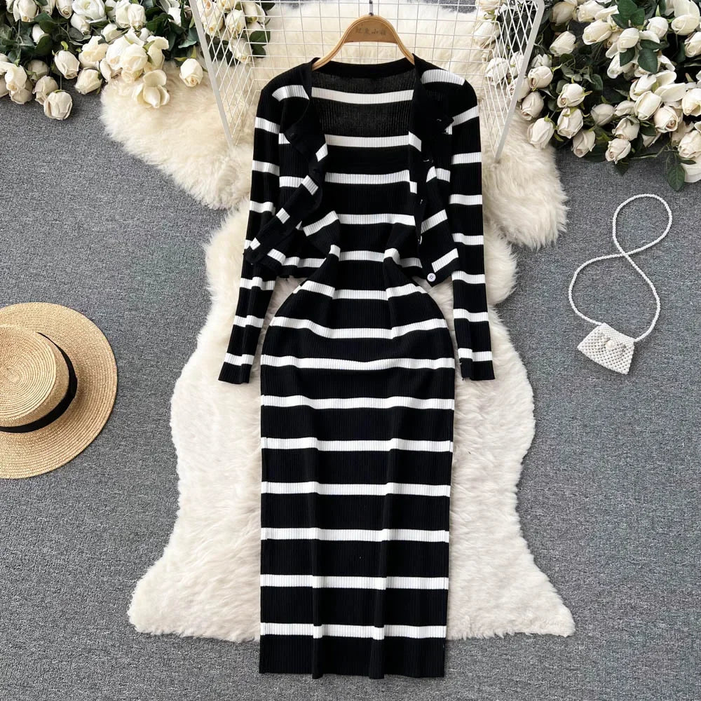 Korean Patchwork Striped Spaghetti Strap Dress Cardigan Set
