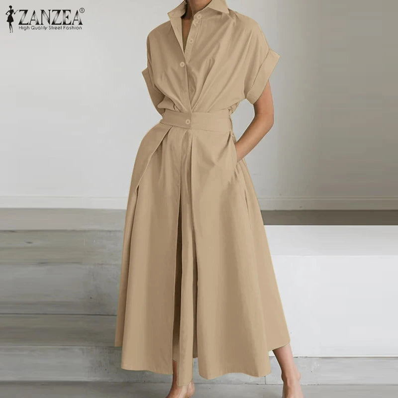 Women High Waist Midi Shirt Dress in Polyester Short Sleeve
