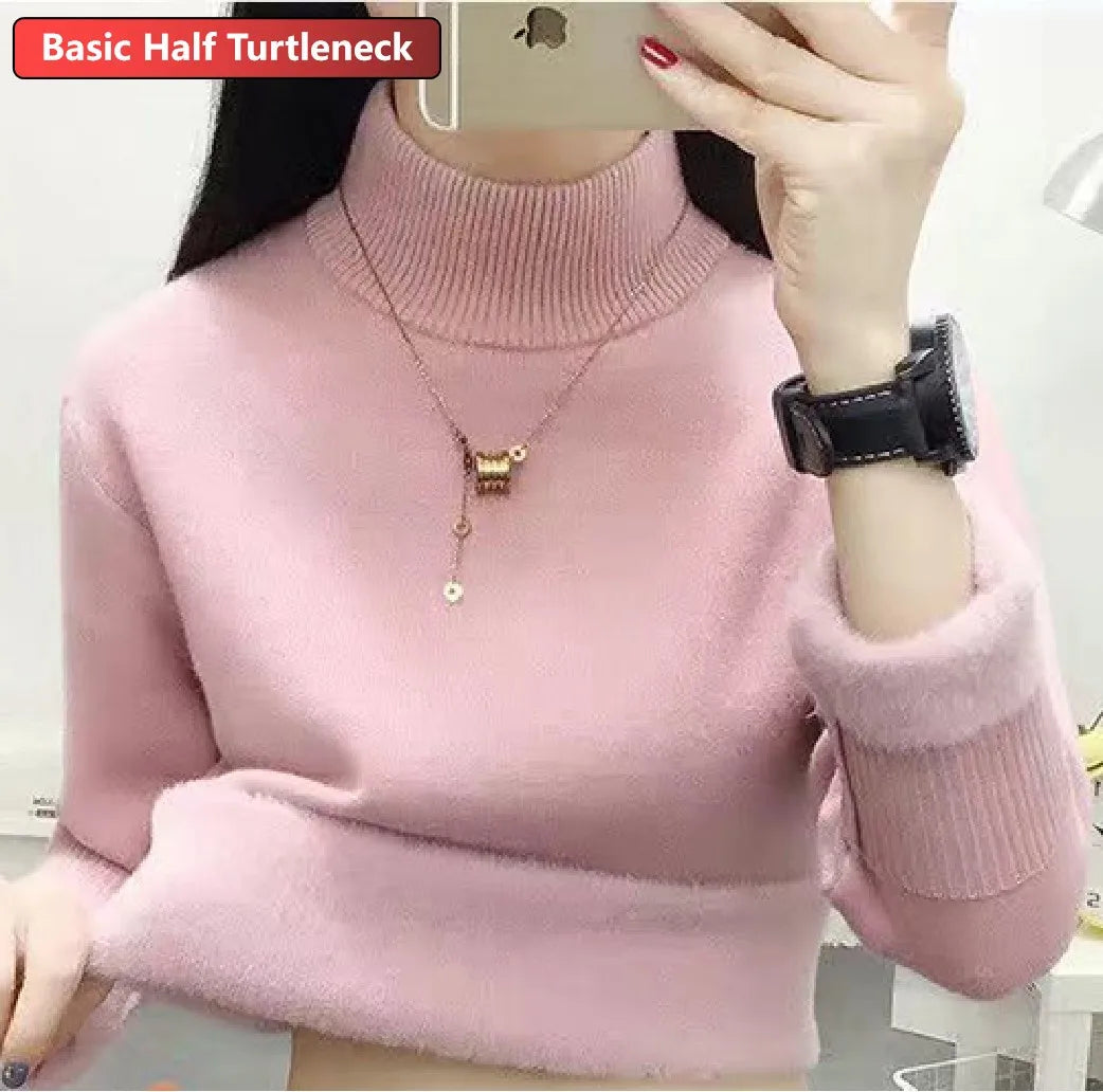 Women Turtleneck Velvet Lined Knit Sweater Thick Warm