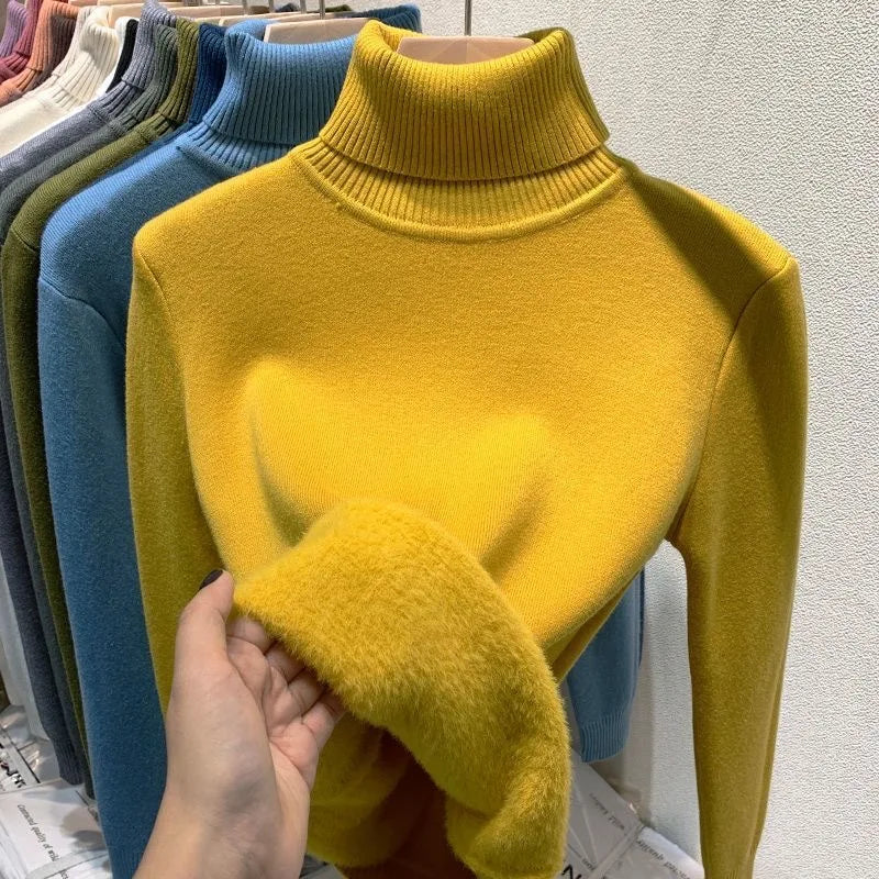 Women Turtleneck Velvet Lined Knit Sweater Thick Warm