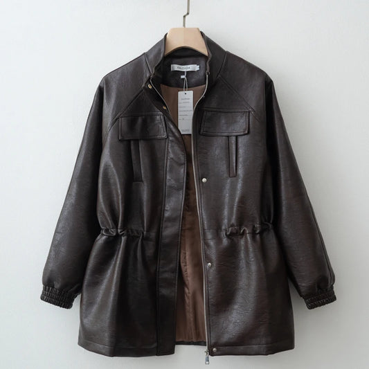 Women PU Leather Jacket With Elastic Waist Outerwear