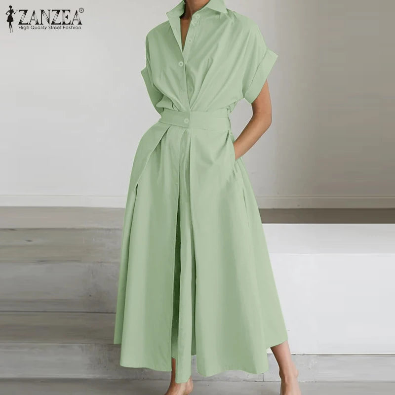 Women High Waist Midi Shirt Dress in Polyester Short Sleeve