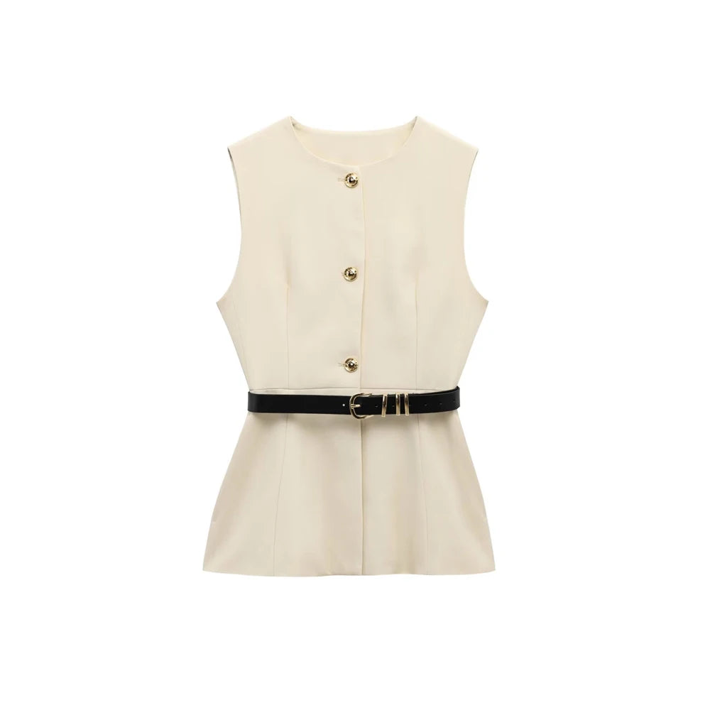 Women Long Waistcoat With Belt O Neck Vest Gold Button