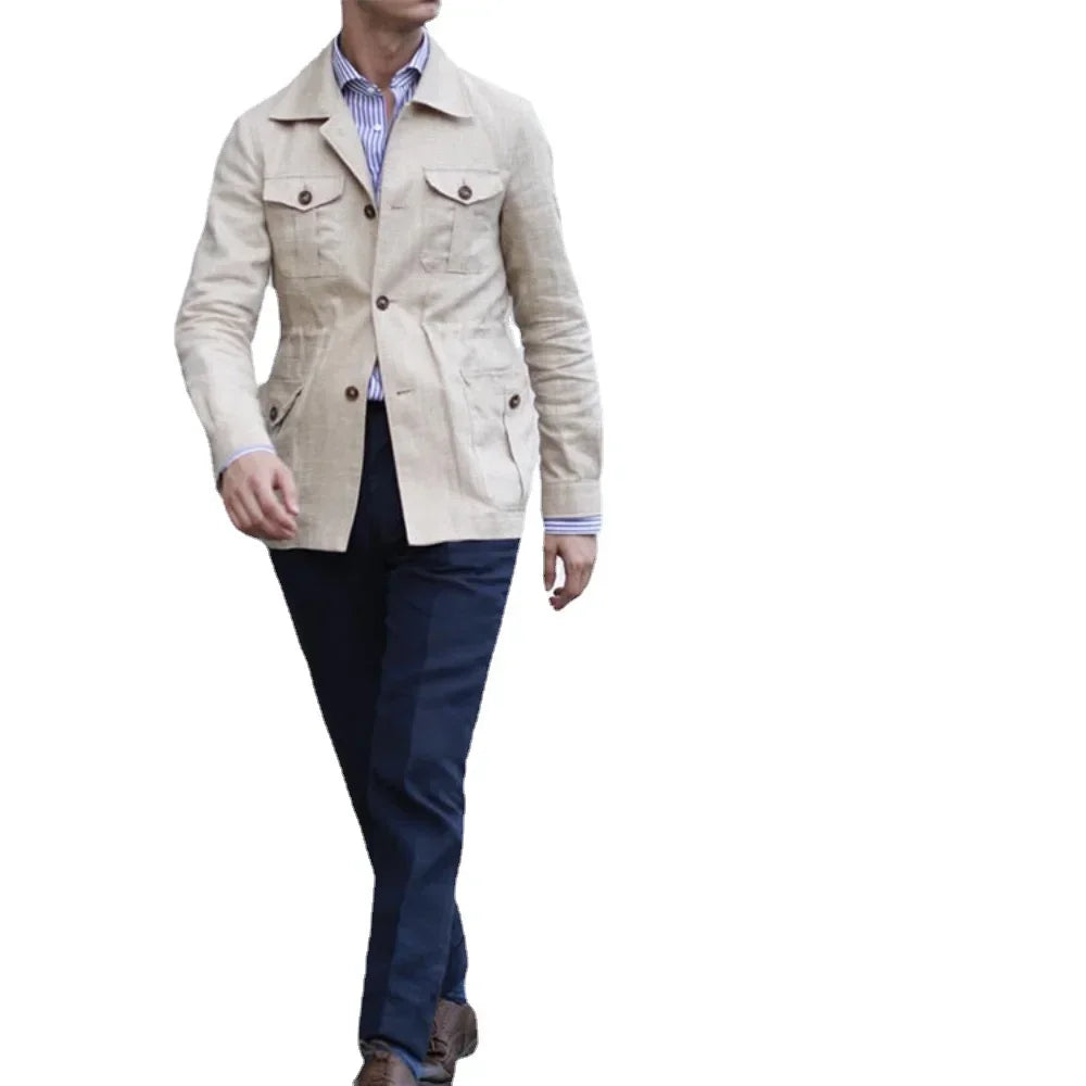Mens Safari Jacket Linen Outerwear Solid Color Retro