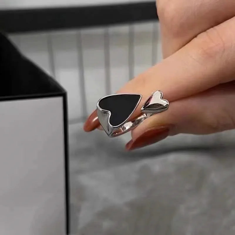 Two Color Black Heart Ring For Women Minimalist Punk Jewelry