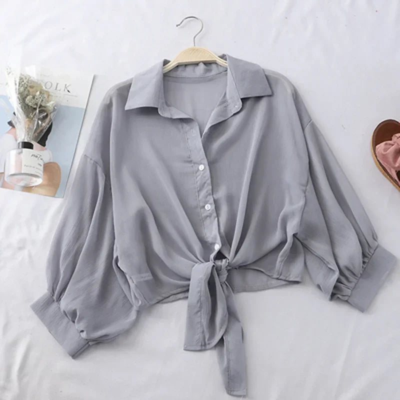 Casual White Chiffon Blouse Tie Waist Bat Sleeve Shirt