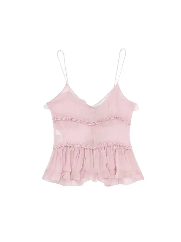 Trza Women Semi Sheer Tank Top With Ruffled Front Backless