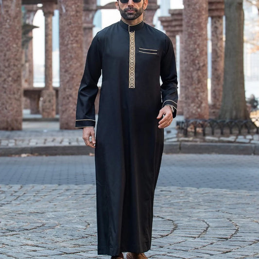 Embroidered Arabic Thobe For Men Stand Collar Elegant Robe