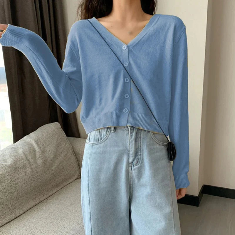 Women's Long Sleeve Cropped V Neck Cardigan Knit Sweater