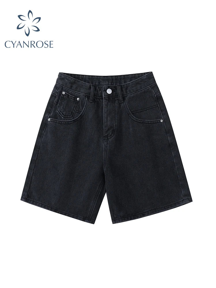 Plus Size High Waist Denim Shorts Button Wide Leg Summer