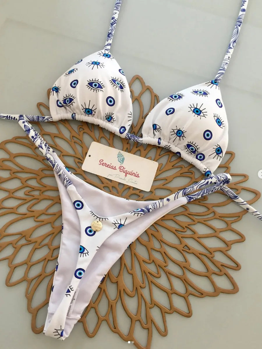 2025 Sexy Retro Print Micro Bikini Lace Up Backless Women