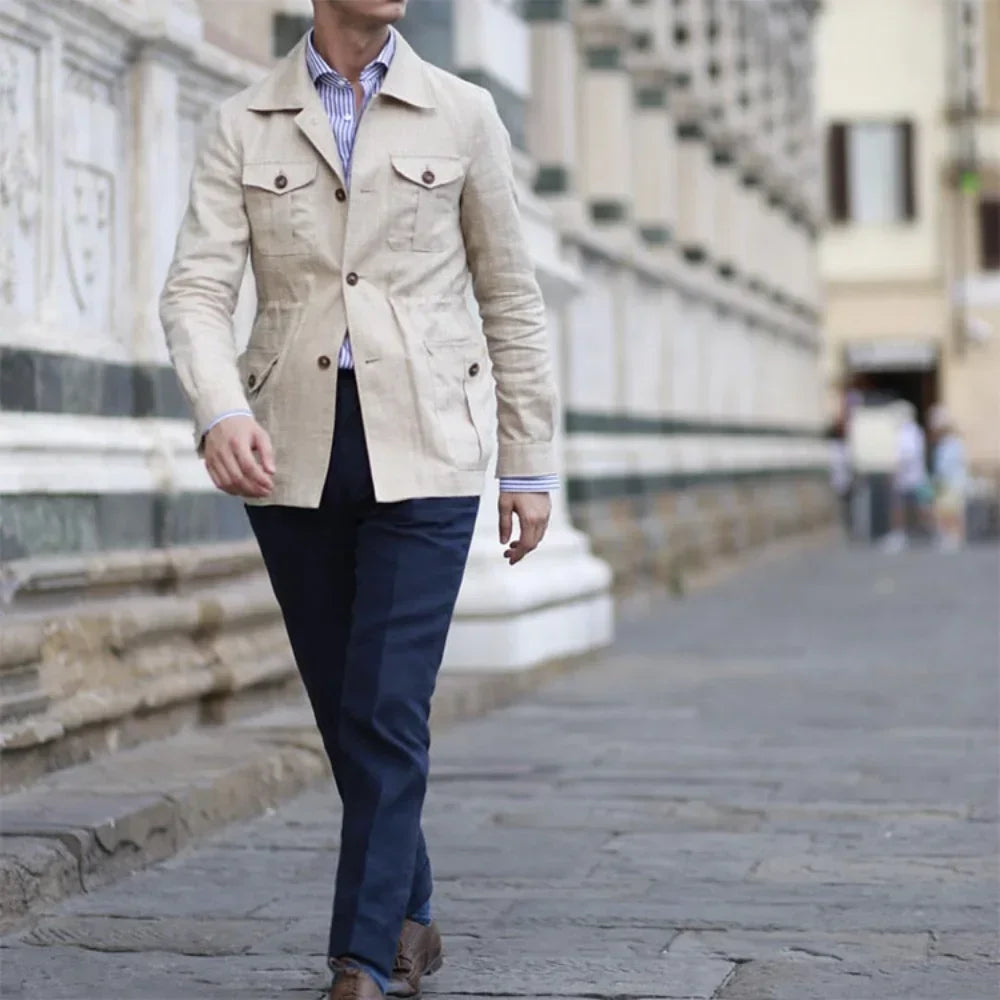 Mens Safari Jacket Linen Outerwear Solid Color Retro