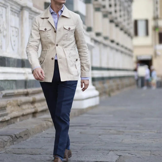 Mens Safari Jacket Linen Outerwear Solid Color Retro