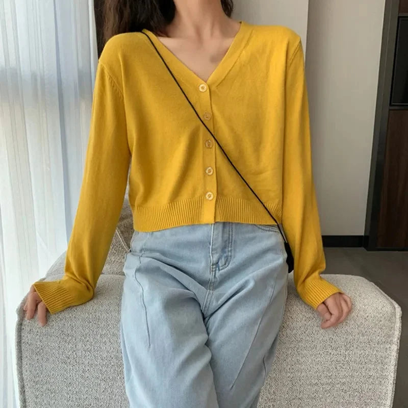 Women's Long Sleeve Cropped V Neck Cardigan Knit Sweater