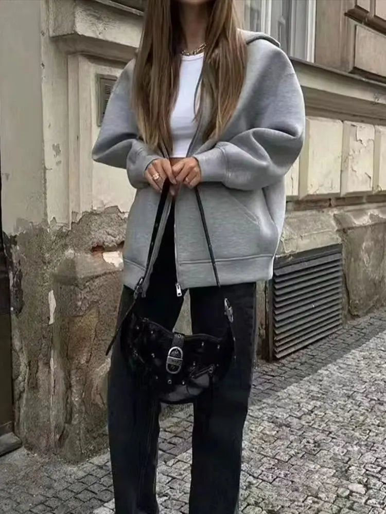 Trafza Autumn Gray Hooded Jacket For Women With Big Pockets