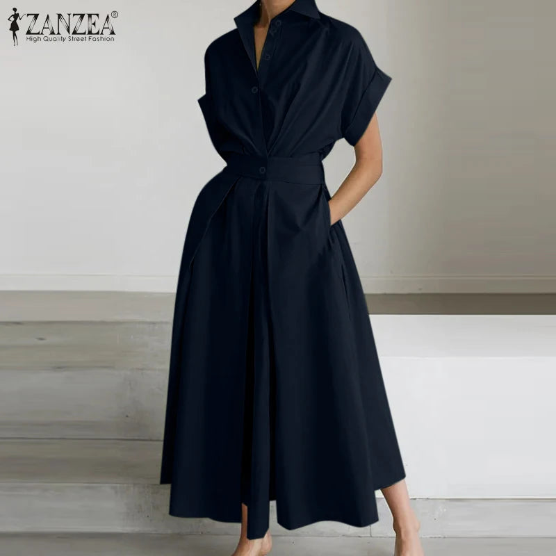 Elegant Summer Polyester Shirt Dress With High Waist Midi