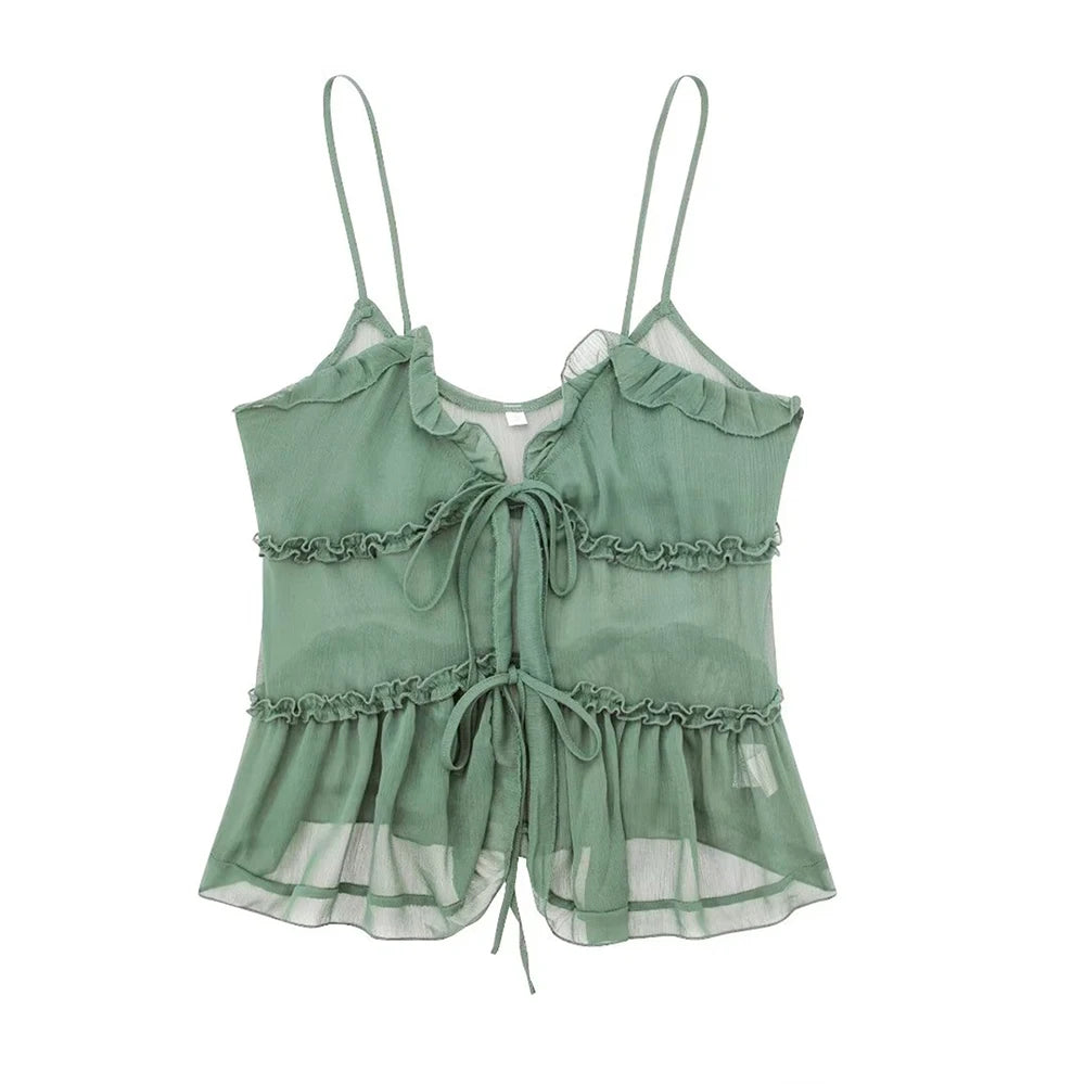 Trza Women Semi Sheer Tank Top With Ruffled Front Backless