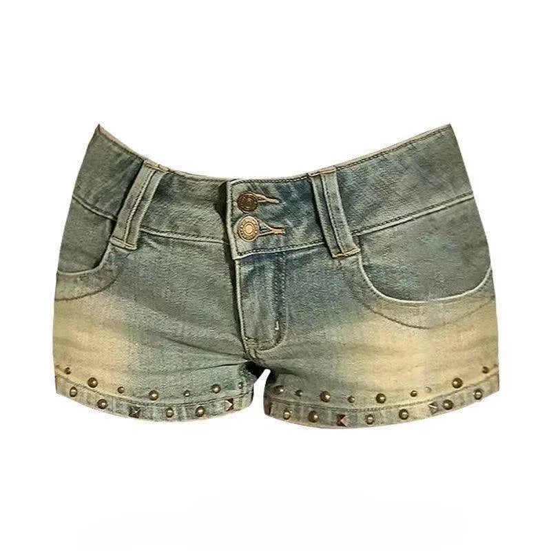 Women Y2K Summer Denim Mini Shorts Low Rise Button Vintage