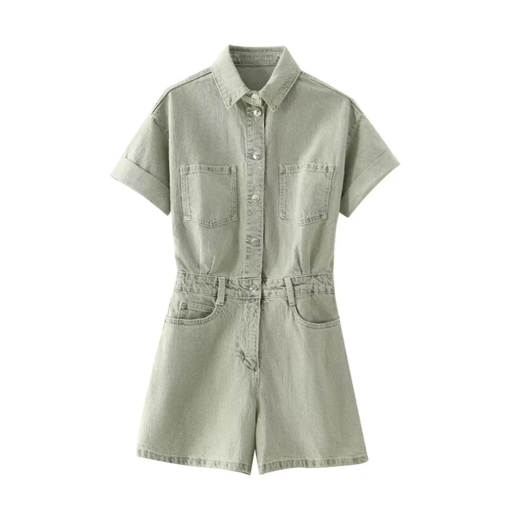 ZARF women's short slimming denim jumpsuit with pocket buckle decoration for spring and summer new casual women's wear