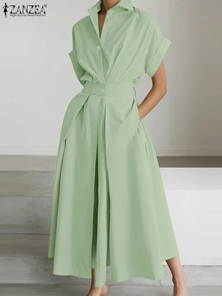 Women High Waist Midi Shirt Dress in Polyester Short Sleeve