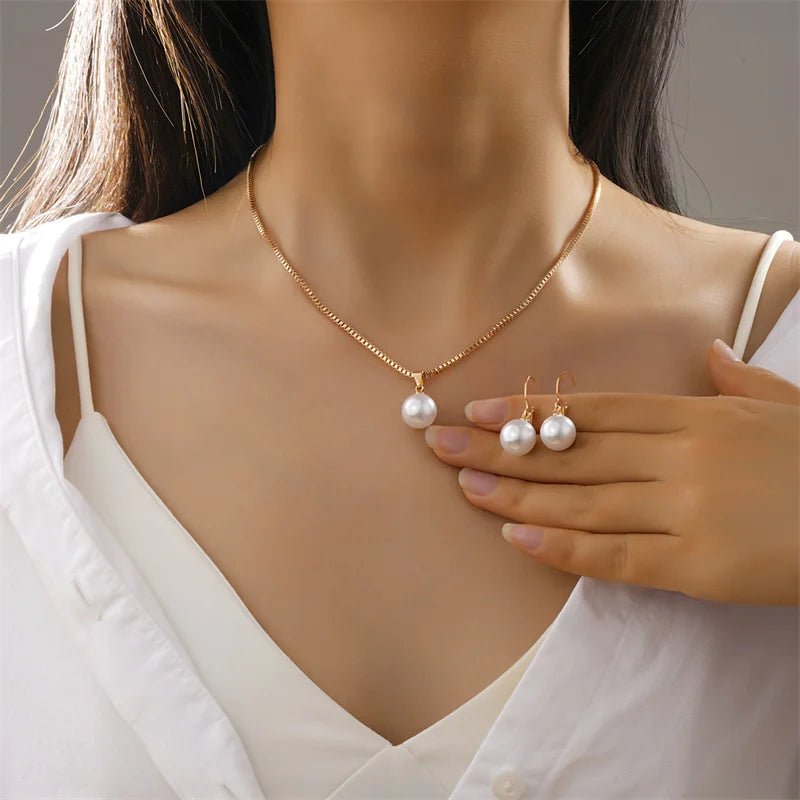 3 Piece Round Pearl Jewelry Set Earrings Pendant Necklace