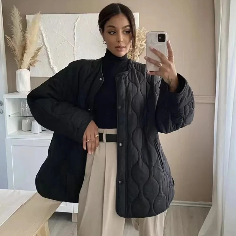 Mujer Black Quilted Padded Jacket Women Long Sleeve Coat
