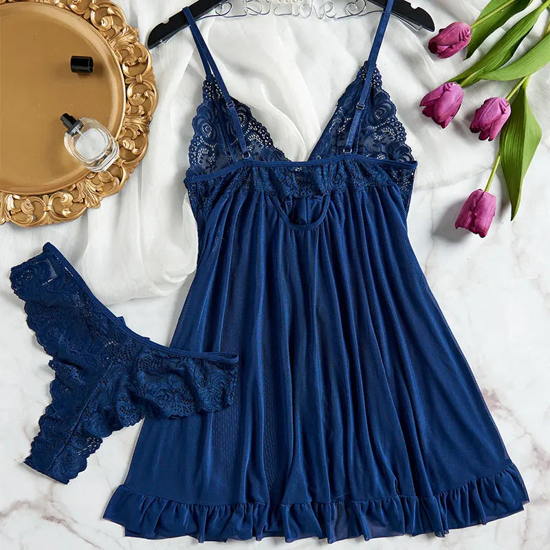 Exquisite Tulle Suspenders Lace Lingerie Set Nightgown