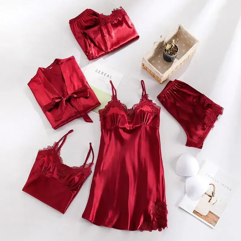 Five Piece Lace Satin Pajamas Set With V Neck For Women