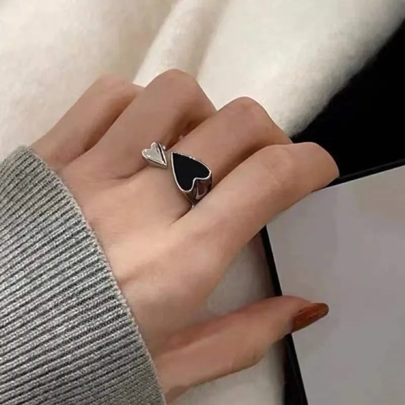 Two Color Black Heart Ring For Women Minimalist Punk Jewelry