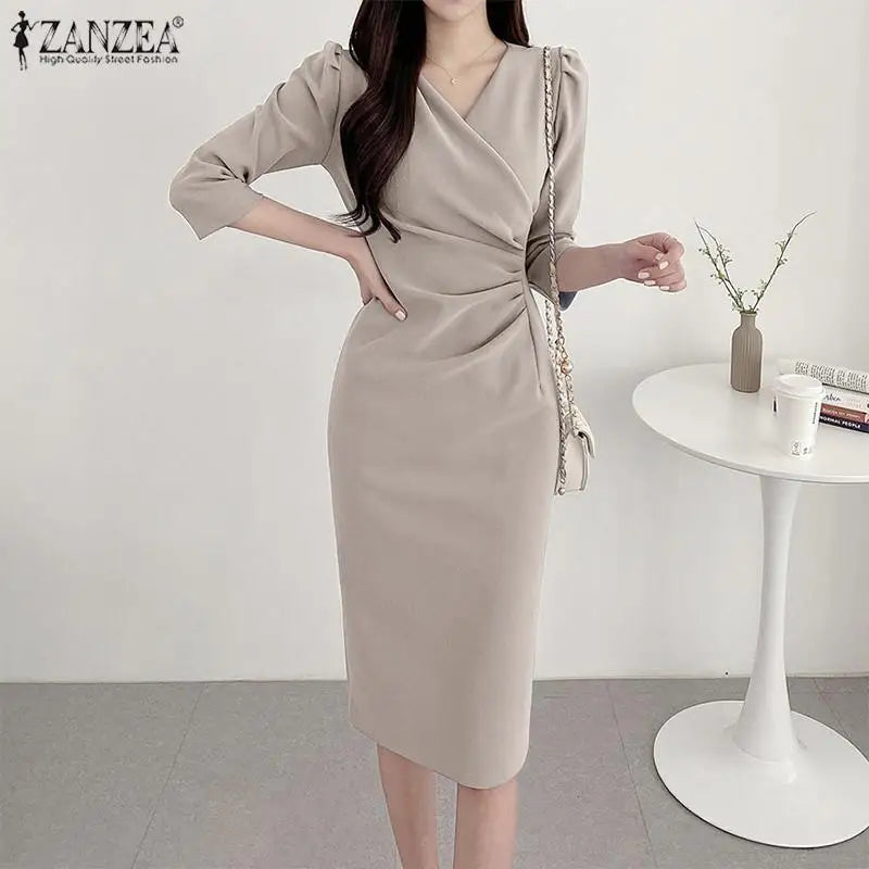 Elegant Knee Length V Neck Dress With Three Quarter Sleeves