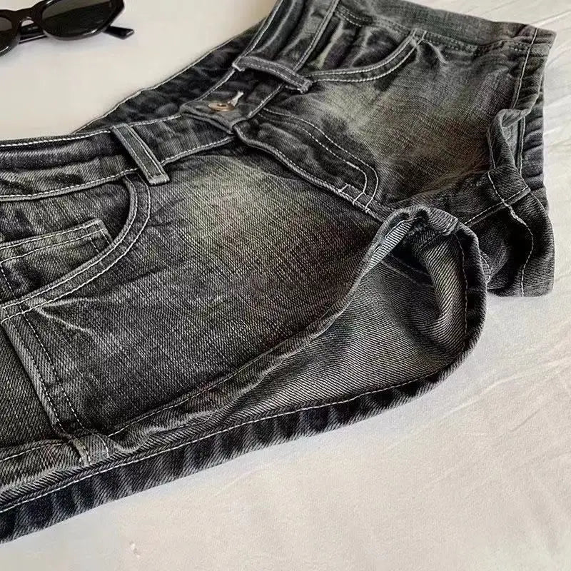 Y2K Denim Mini Shorts Women Low Rise Button Fly Gyaru Style